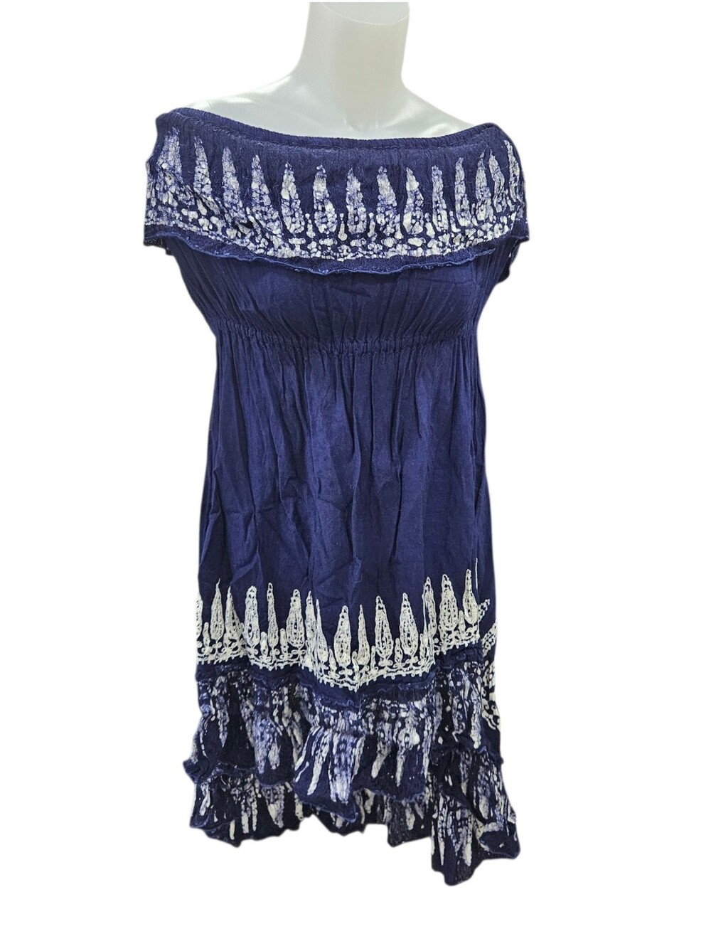 VTG Advance Apparels Blue Tie Dye Batik Off Shoulder Dress O/S Boho Flowy Midi